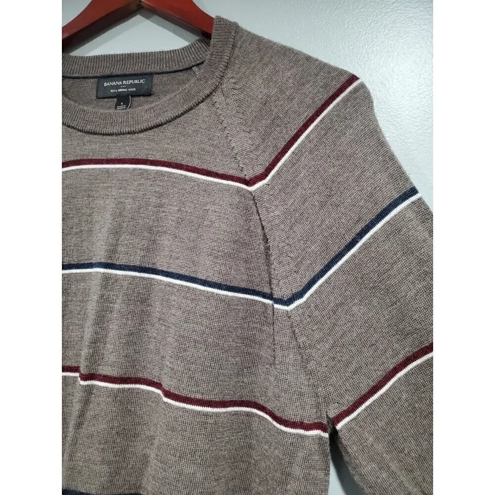 Banana Republic Mens Brown 100% Merino Wool Sweater Crew Neck Striped Sz L